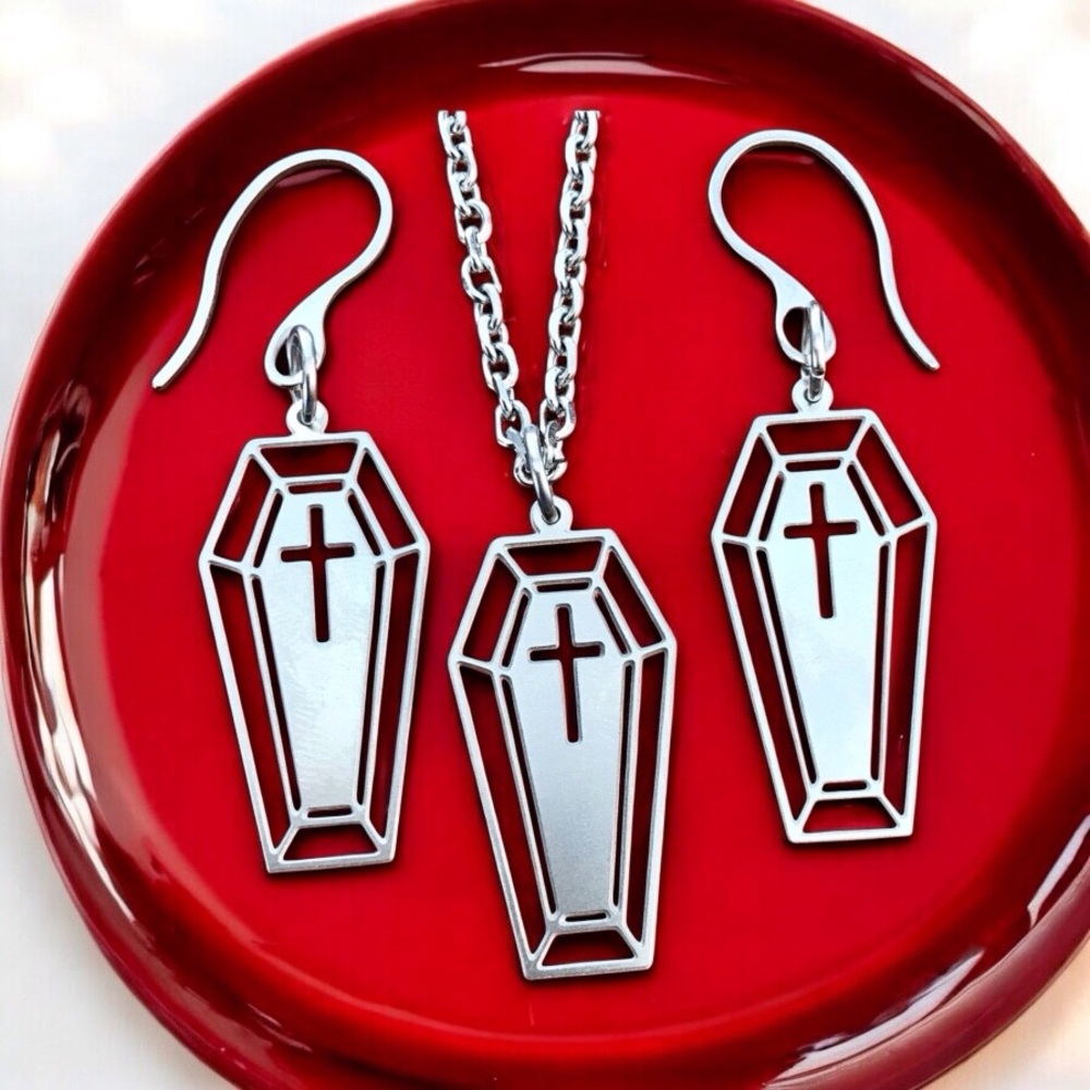 🆕 Coffin and Cross Laser Etched Necklace and Earrings Set Stainless Steel